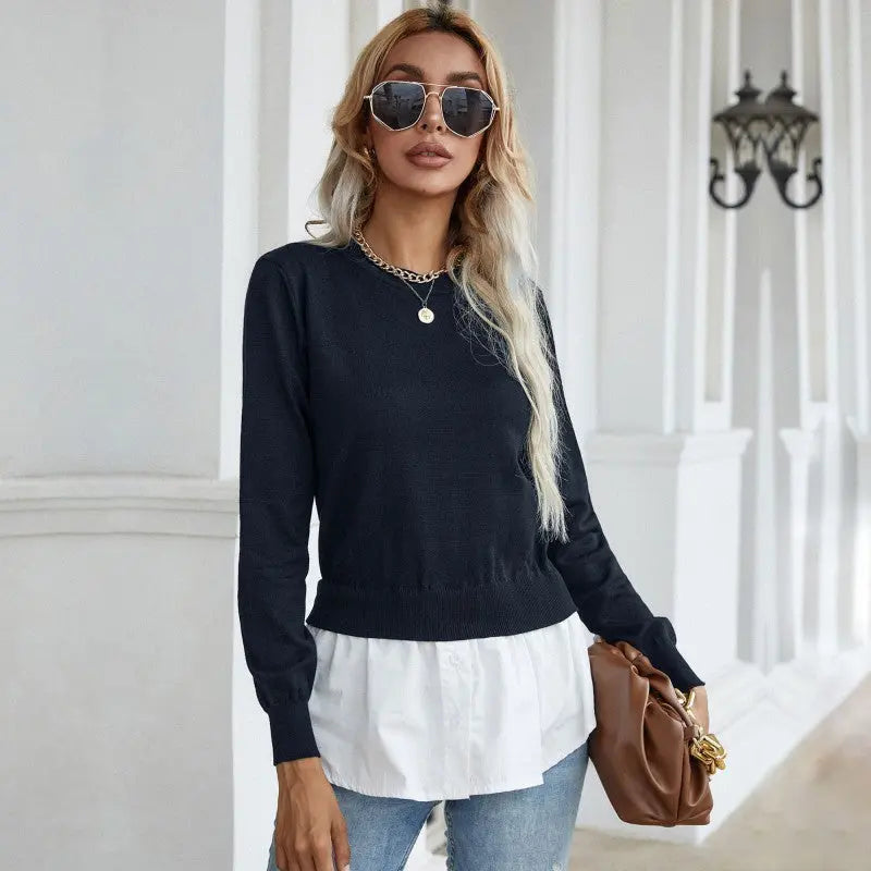 Blue Zone Planet | slim knitted stitching shirt fake two-piece sweater BLUE ZONE PLANET