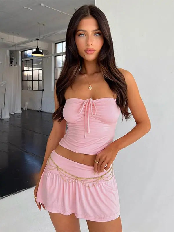 Blue Zone Planet | smocked corded tube top with wide swing A-line pants and skirt suit BLUE ZONE PLANET