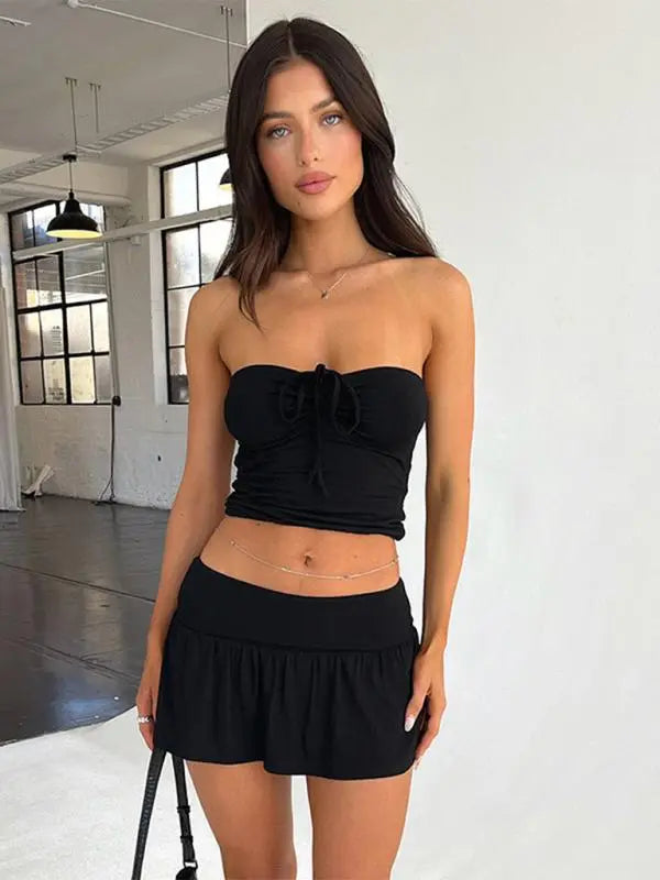 Blue Zone Planet | smocked corded tube top with wide swing A-line pants and skirt suit BLUE ZONE PLANET