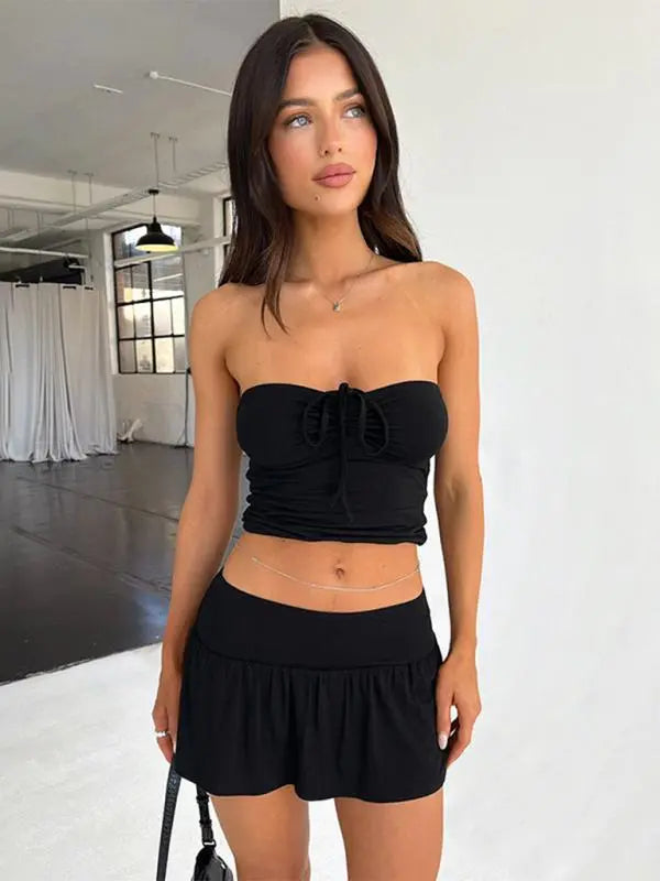 Blue Zone Planet | smocked corded tube top with wide swing A-line pants and skirt suit BLUE ZONE PLANET