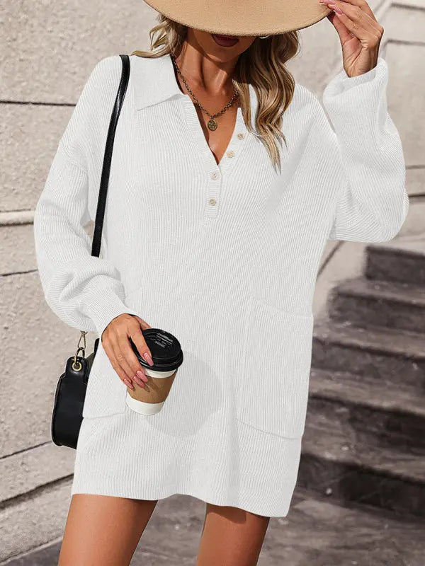 Blue Zone Planet | solid color lapel button sweater mid-length coat sweater BLUE ZONE PLANET
