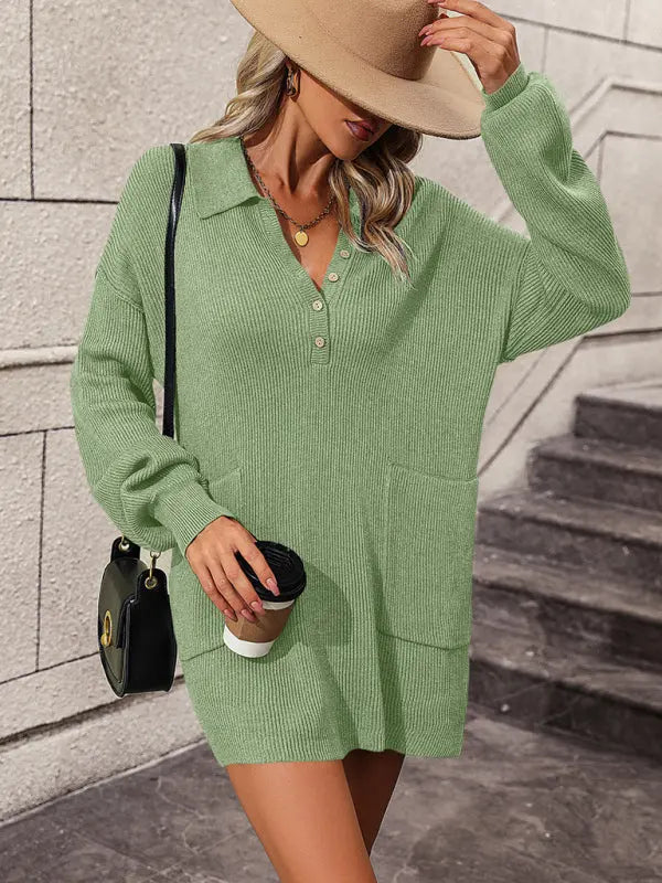 Blue Zone Planet | solid color lapel button sweater mid-length coat sweater BLUE ZONE PLANET