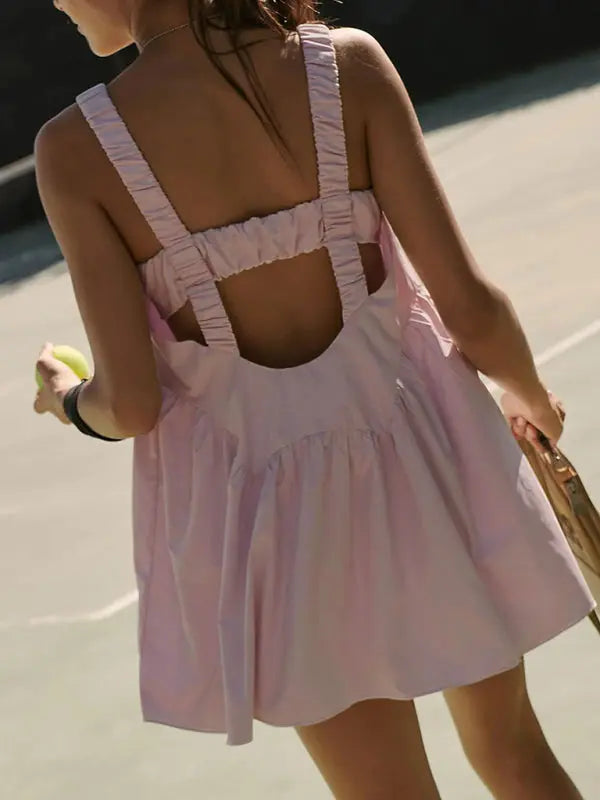 Blue Zone Planet |  spaghetti strap backless outdoor sports yoga tennis skirt dress + shorts set BLUE ZONE PLANET