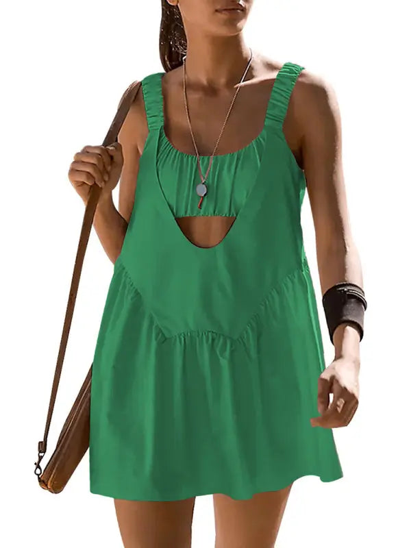 Blue Zone Planet |  spaghetti strap backless outdoor sports yoga tennis skirt dress + shorts set BLUE ZONE PLANET