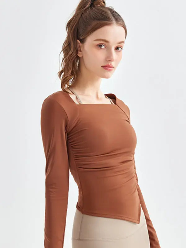 Blue Zone Planet | square collar irregular hem sports long-sleeved quick-drying running fitness yoga clothing BLUE ZONE PLANET