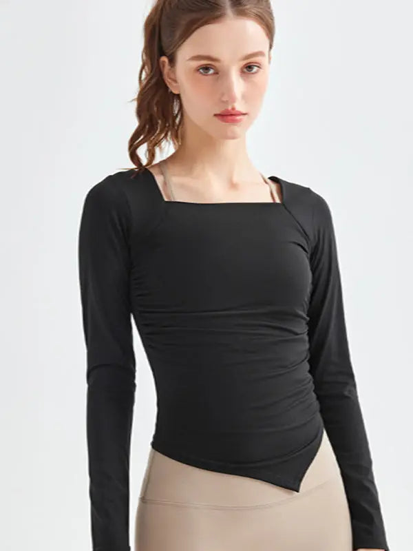 Blue Zone Planet | square collar irregular hem sports long-sleeved quick-drying running fitness yoga clothing BLUE ZONE PLANET