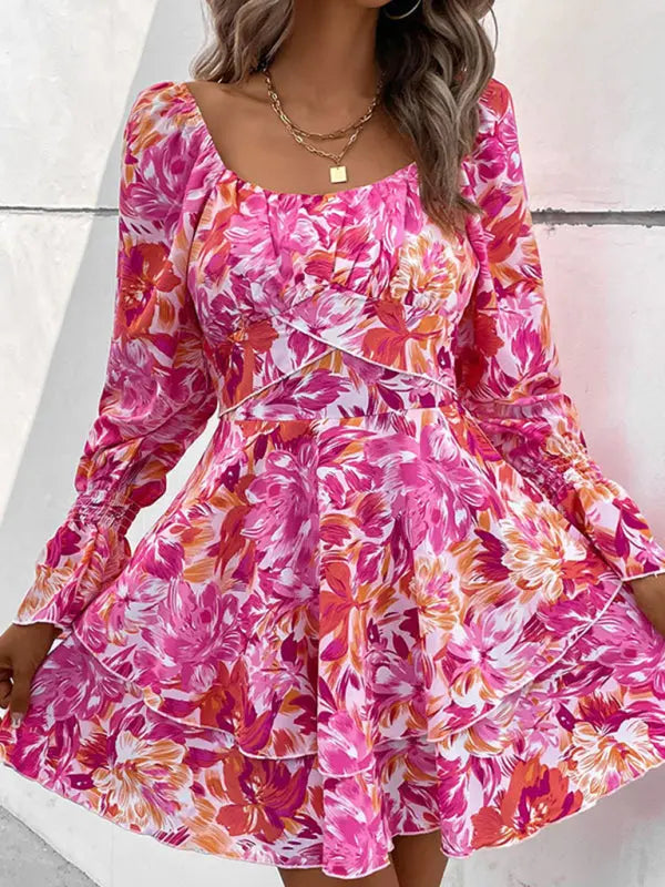 Blue Zone Planet | square neck floral print ruffle short dress BLUE ZONE PLANET