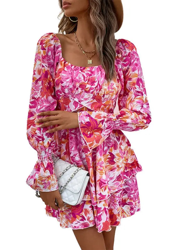 Blue Zone Planet | square neck floral print ruffle short dress BLUE ZONE PLANET