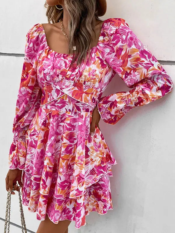 Blue Zone Planet | square neck floral print ruffle short dress BLUE ZONE PLANET