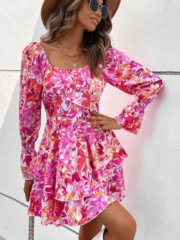 Blue Zone Planet | square neck floral print ruffle short dress BLUE ZONE PLANET