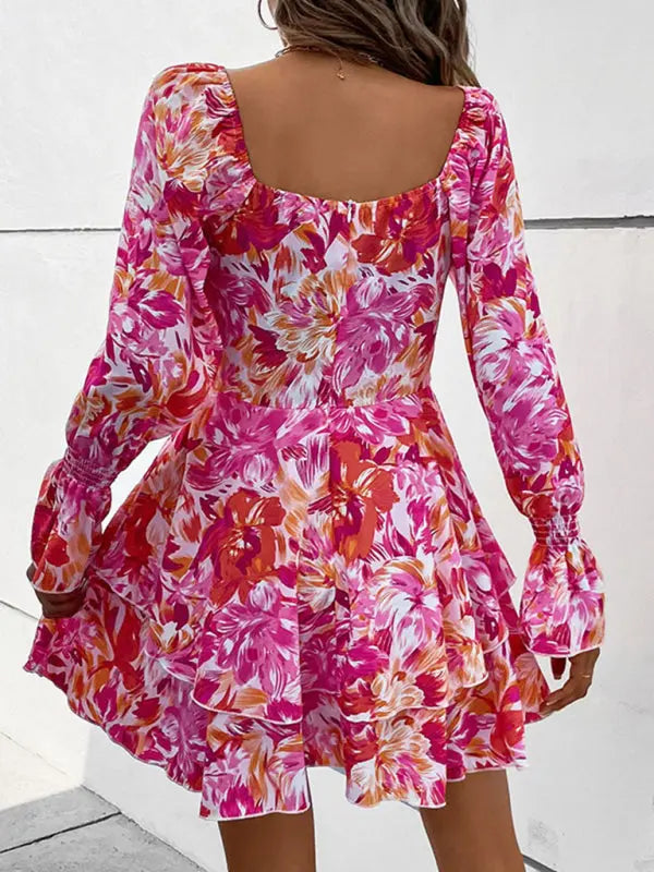 Blue Zone Planet | square neck floral print ruffle short dress BLUE ZONE PLANET