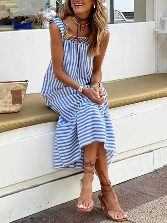 Blue Zone Planet |  square neck striped lace-up flying sleeve midi dress BLUE ZONE PLANET