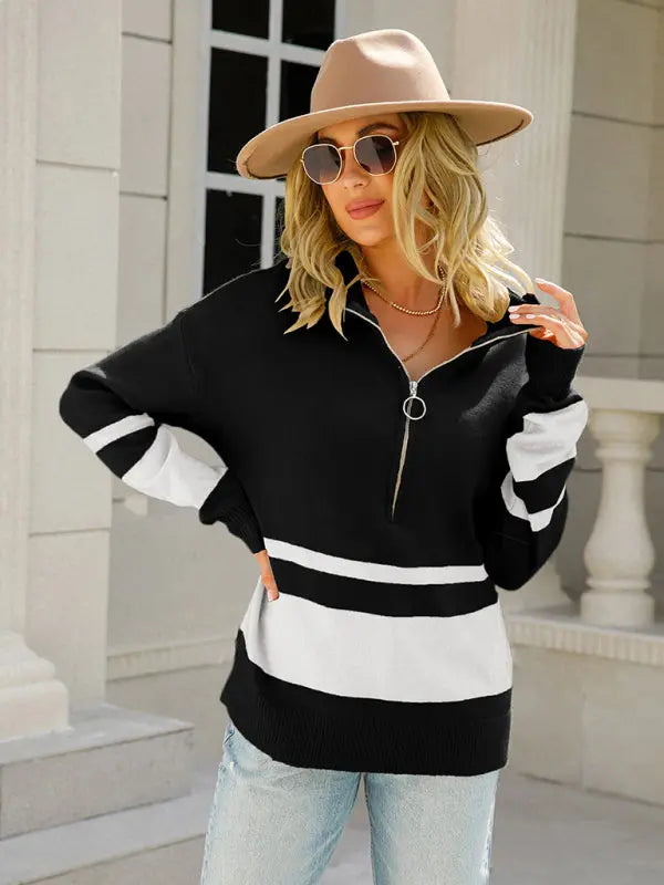 Blue Zone Planet | striped zipper stand collar pullover sweater BLUE ZONE PLANET