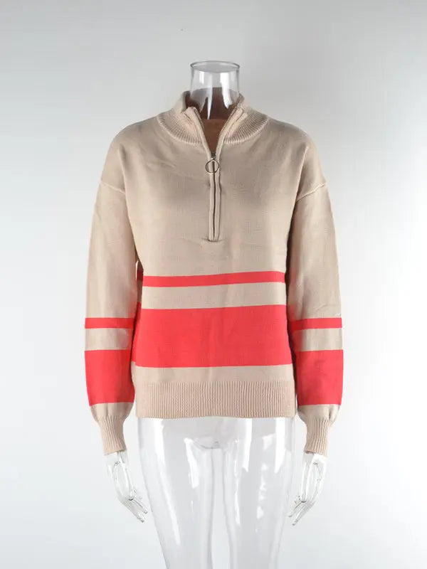 Blue Zone Planet | striped zipper stand collar pullover sweater BLUE ZONE PLANET