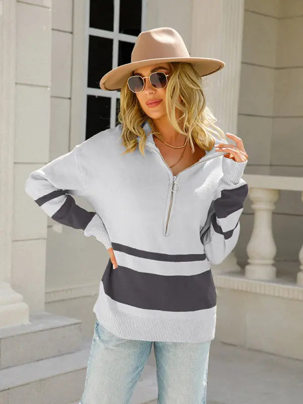 Blue Zone Planet | striped zipper stand collar pullover sweater BLUE ZONE PLANET