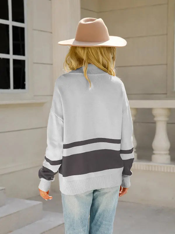 Blue Zone Planet | striped zipper stand collar pullover sweater BLUE ZONE PLANET