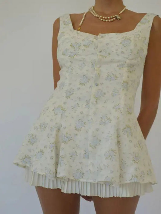 Blue Zone Planet |  style comfortable, and small floral hem pleated spaghetti strap dress BLUE ZONE PLANET