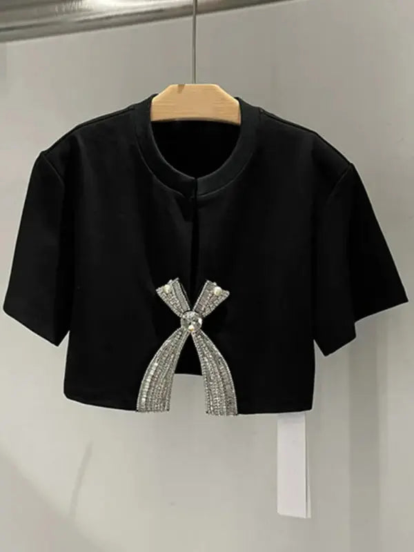 Blue Zone Planet | style diamond sequined bow short-sleeved solid color slit top BLUE ZONE PLANET