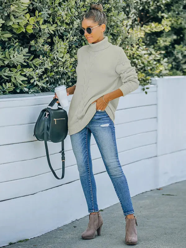 Blue Zone Planet | style foreign trade knitting long sleeve loose high neck sweater for women BLUE ZONE PLANET