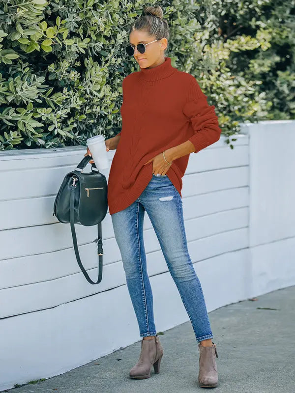 Blue Zone Planet | style foreign trade knitting long sleeve loose high neck sweater for women BLUE ZONE PLANET