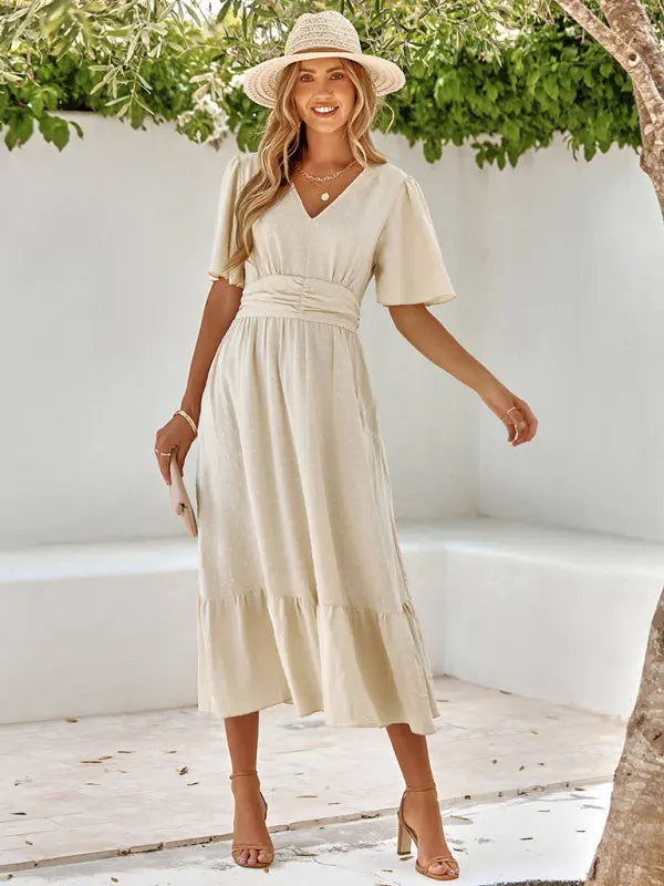 Blue Zone Planet | summer V-neck lotus leaf sleeve solid color dress BLUE ZONE PLANET