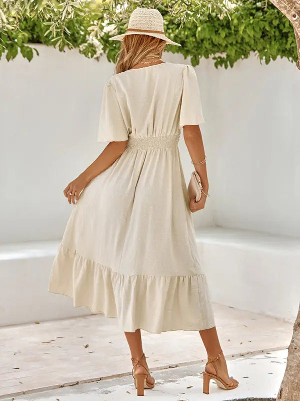 Blue Zone Planet | summer V-neck lotus leaf sleeve solid color dress BLUE ZONE PLANET