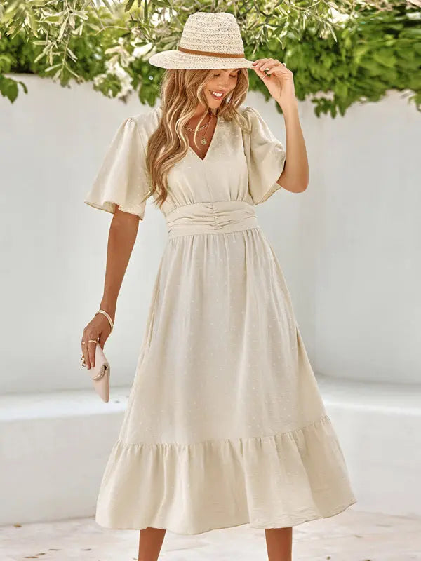 Blue Zone Planet | summer V-neck lotus leaf sleeve solid color dress BLUE ZONE PLANET