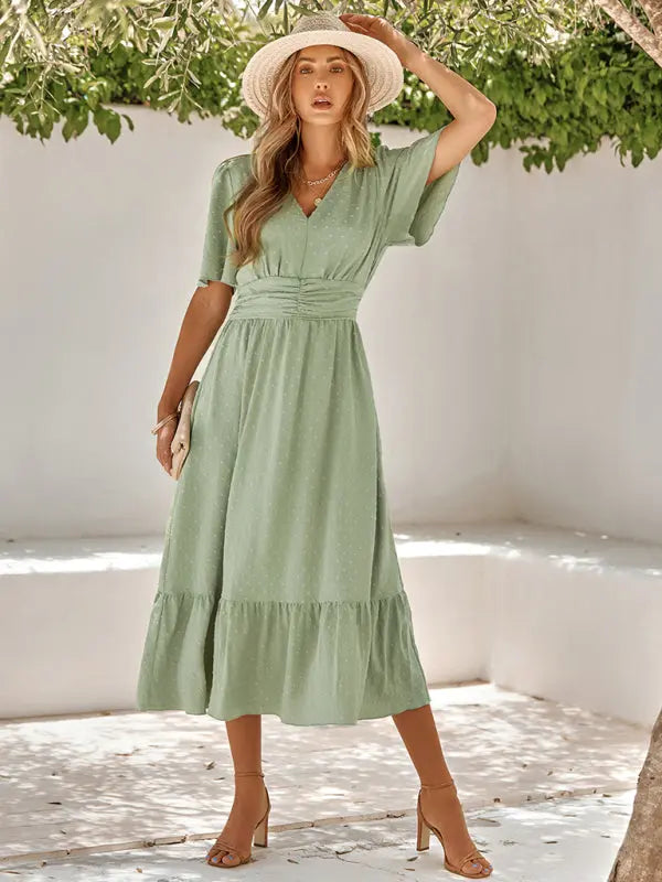 Blue Zone Planet | summer V-neck lotus leaf sleeve solid color dress BLUE ZONE PLANET
