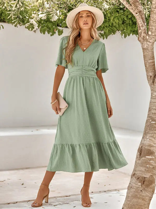 Blue Zone Planet | summer V-neck lotus leaf sleeve solid color dress BLUE ZONE PLANET