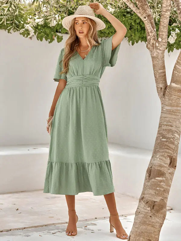 Blue Zone Planet | summer V-neck lotus leaf sleeve solid color dress BLUE ZONE PLANET