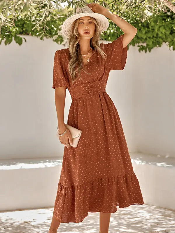 Blue Zone Planet | summer V-neck lotus leaf sleeve solid color dress BLUE ZONE PLANET
