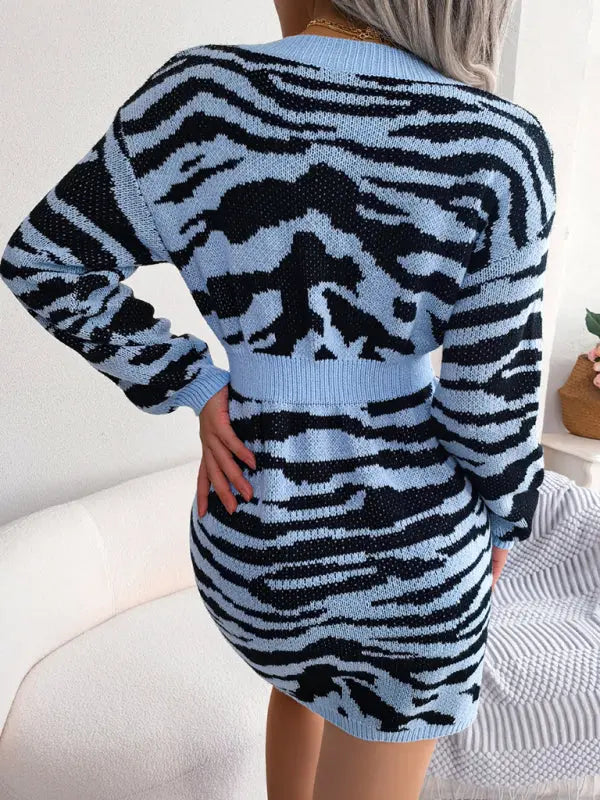 Blue Zone Planet | tiger pattern Lantern Sleeve waist closed wool dress BLUE ZONE PLANET