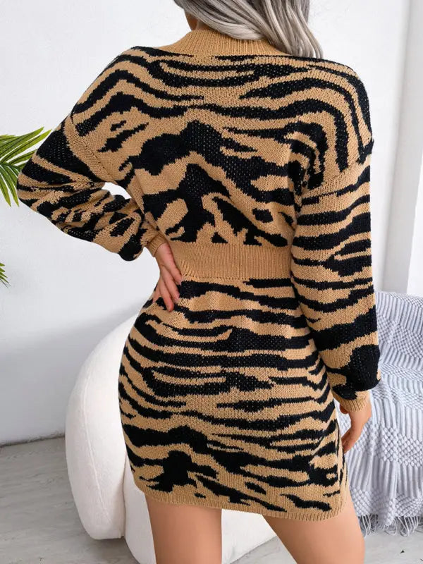 Blue Zone Planet | tiger pattern Lantern Sleeve waist closed wool dress BLUE ZONE PLANET