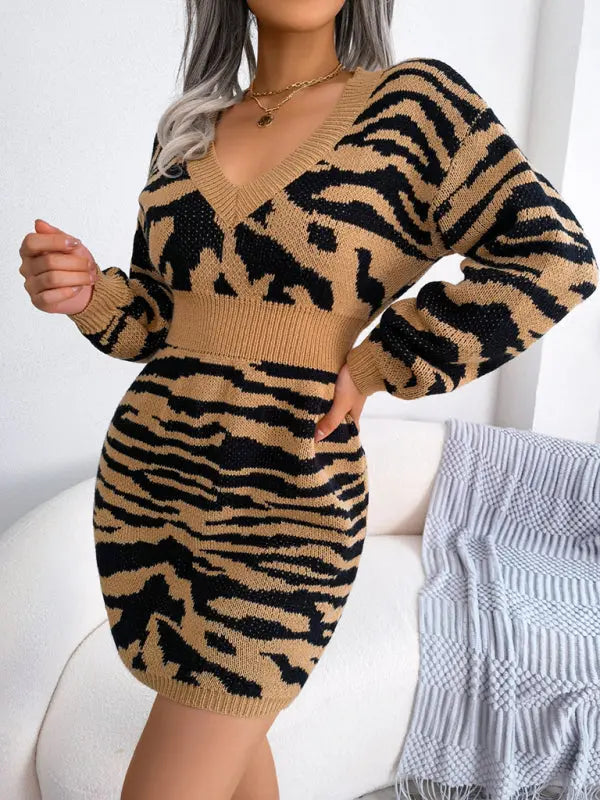 Blue Zone Planet | tiger pattern Lantern Sleeve waist closed wool dress BLUE ZONE PLANET