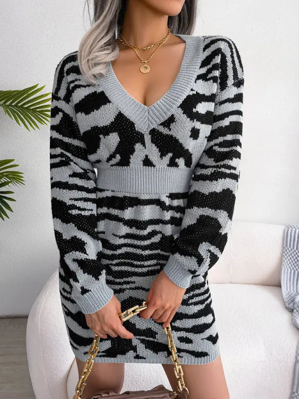 Blue Zone Planet | tiger pattern Lantern Sleeve waist closed wool dress BLUE ZONE PLANET