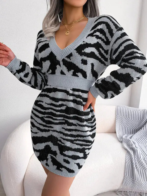 Blue Zone Planet | tiger pattern Lantern Sleeve waist closed wool dress BLUE ZONE PLANET