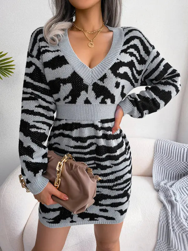 Blue Zone Planet | tiger pattern Lantern Sleeve waist closed wool dress BLUE ZONE PLANET