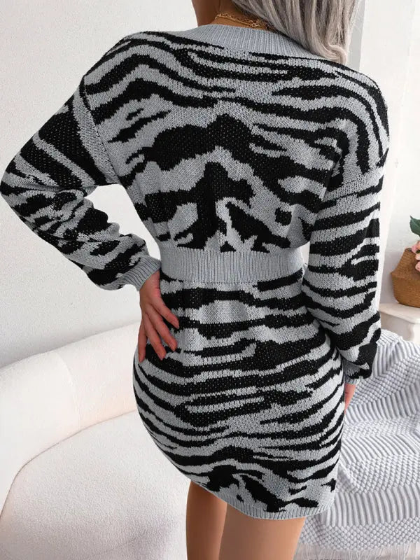 Blue Zone Planet | tiger pattern Lantern Sleeve waist closed wool dress BLUE ZONE PLANET