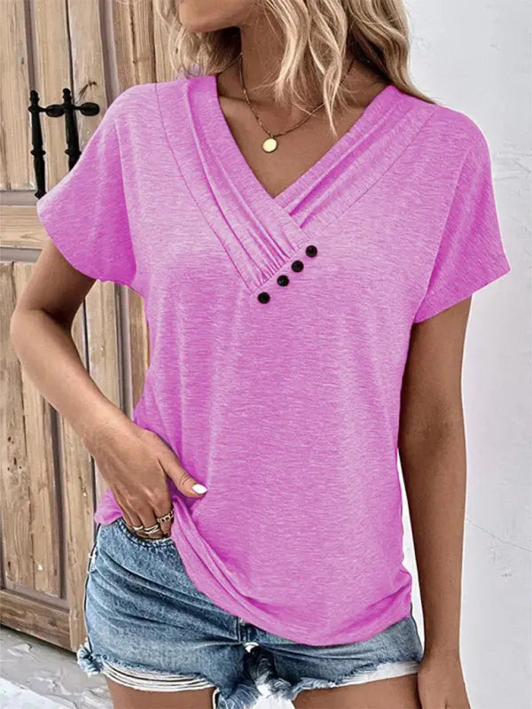 Blue Zone Planet | vacation comfortable loose collar short-sleeved T-shirt sweater button top BLUE ZONE PLANET