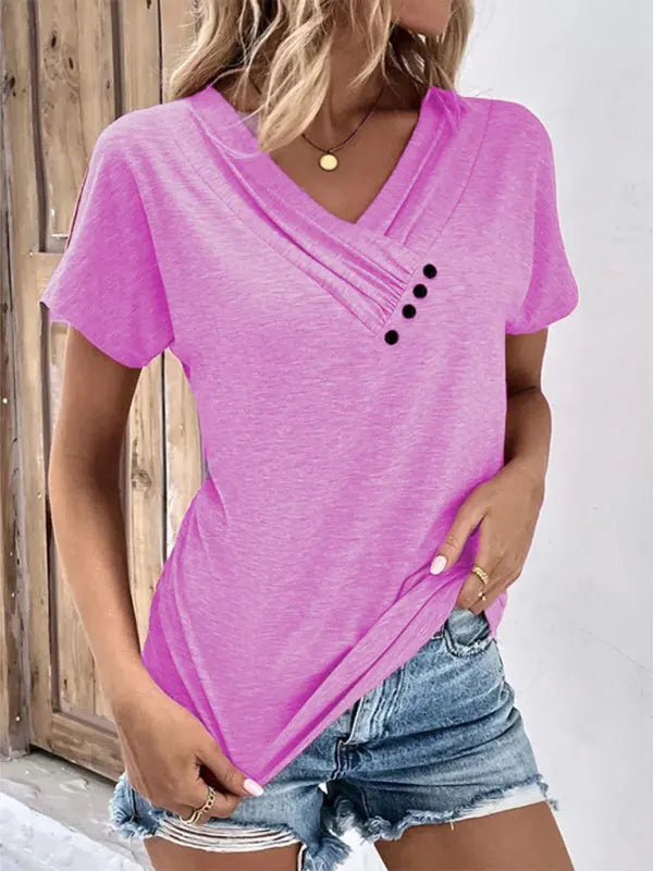 Blue Zone Planet | vacation comfortable loose collar short-sleeved T-shirt sweater button top BLUE ZONE PLANET