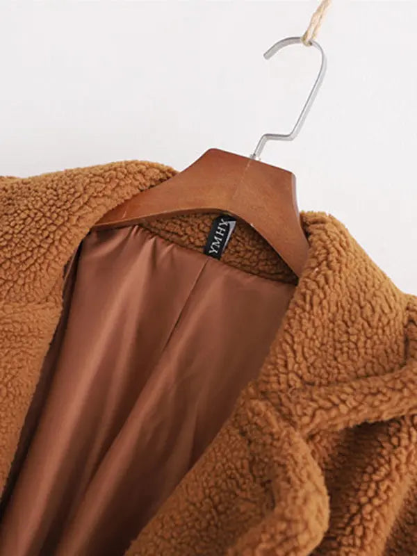 Blue Zone Planet | warm loose lambswool coat teddy fur lapel long woolen coat BLUE ZONE PLANET