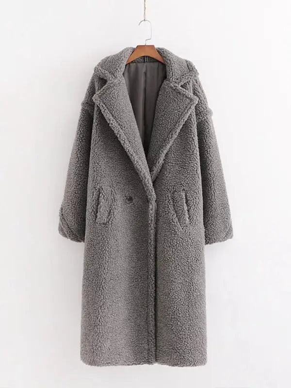 Blue Zone Planet | warm loose lambswool coat teddy fur lapel long woolen coat BLUE ZONE PLANET