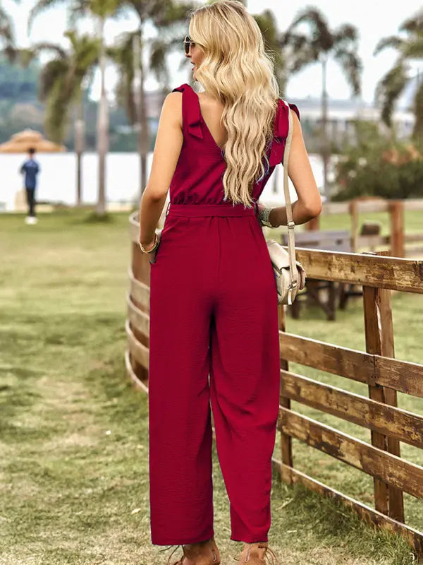 Blue Zone Planet | woven commuting waist slimming sleeveless jumpsuit BLUE ZONE PLANET