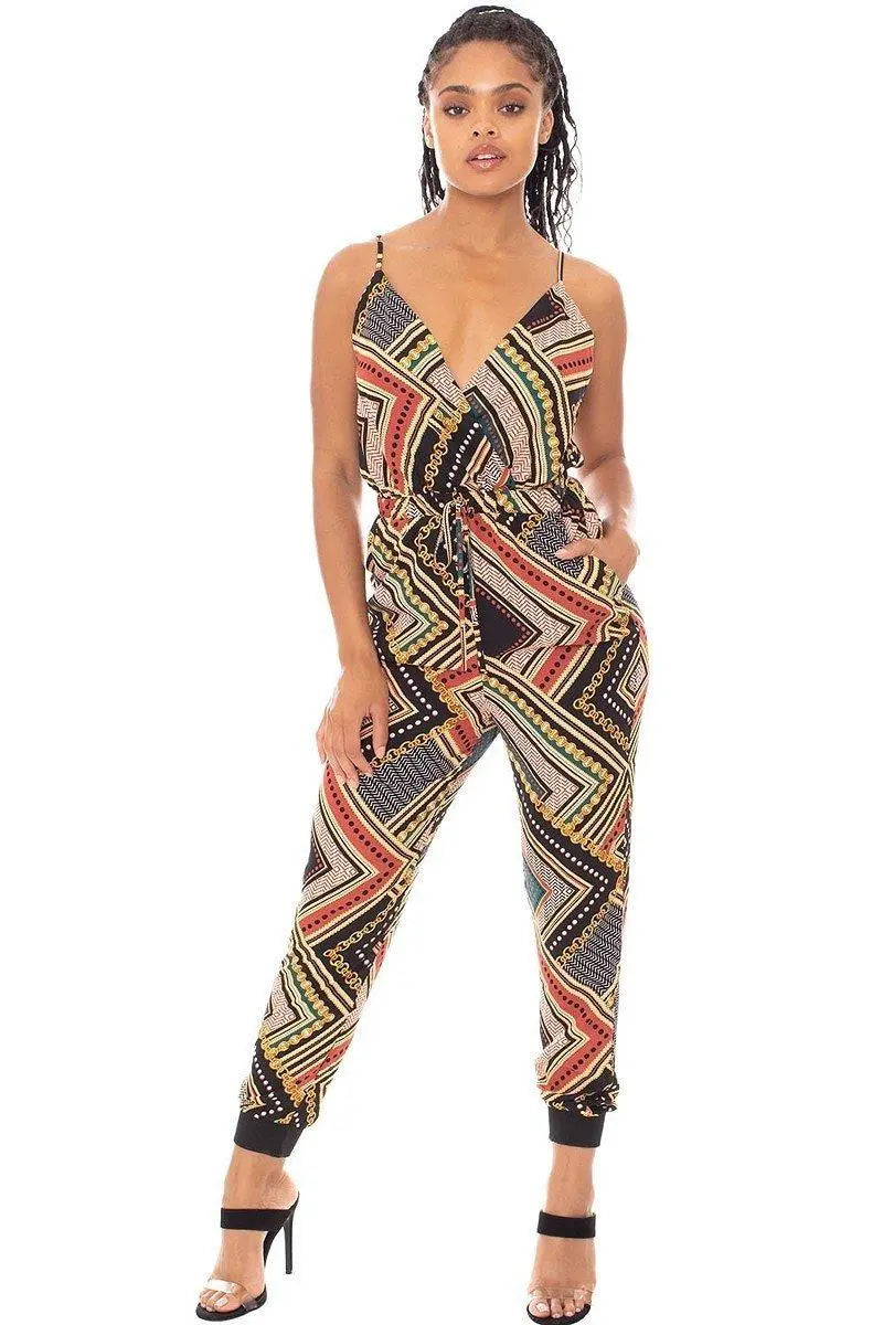 Boarder Print Wrap Drawstring Waist Jumpsuit Blue Zone Planet