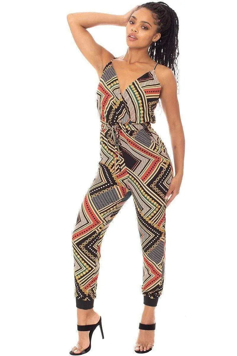 Boarder Print Wrap Drawstring Waist Jumpsuit Blue Zone Planet