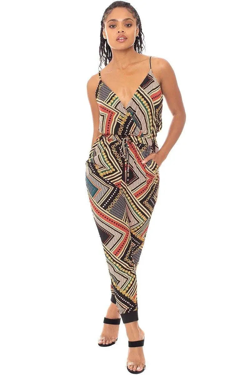 Boarder Print Wrap Drawstring Waist Jumpsuit Blue Zone Planet