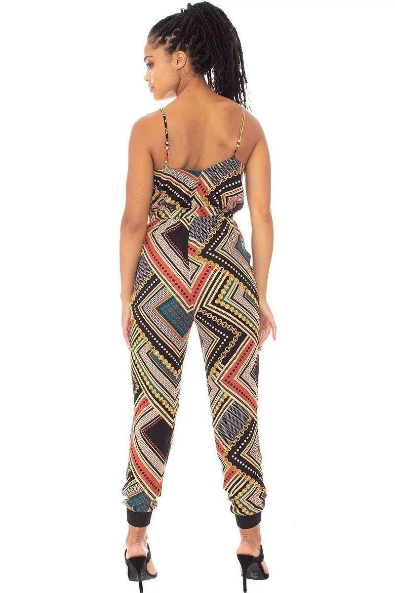 Boarder Print Wrap Drawstring Waist Jumpsuit Blue Zone Planet