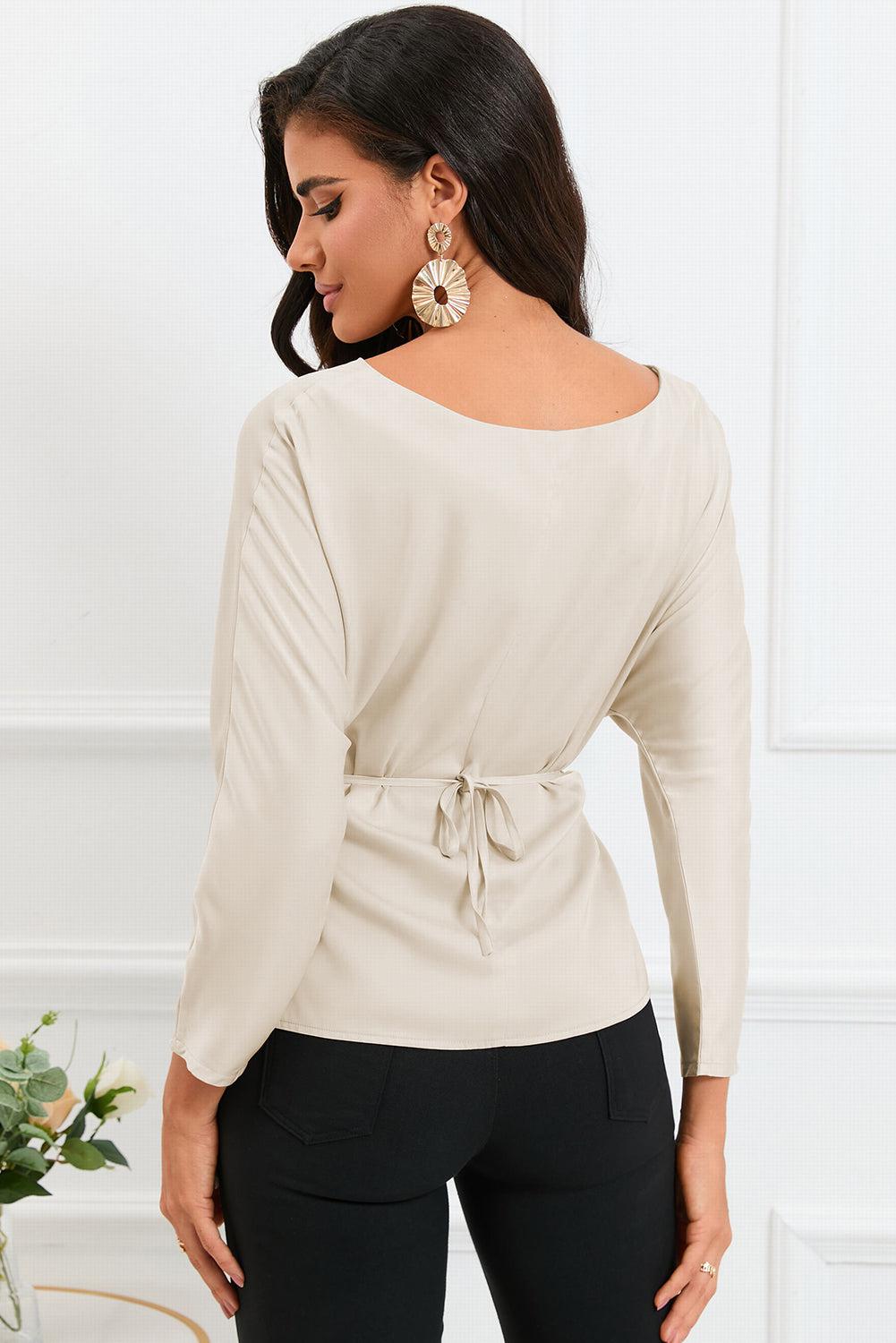 Boat Neck Back Tie Long Sleeve Satin Blouse BLUE ZONE PLANET