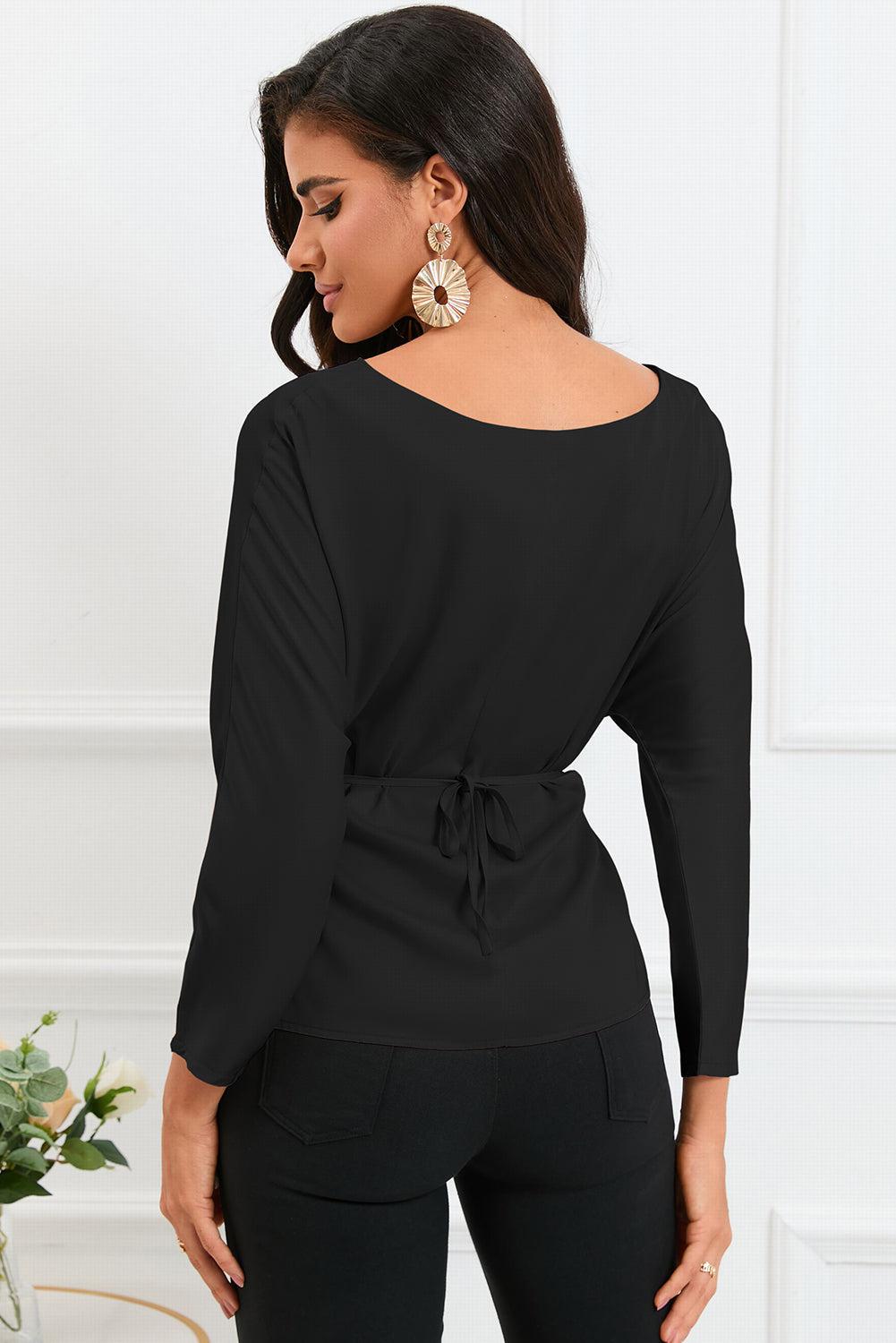 Boat Neck Back Tie Long Sleeve Satin Blouse BLUE ZONE PLANET