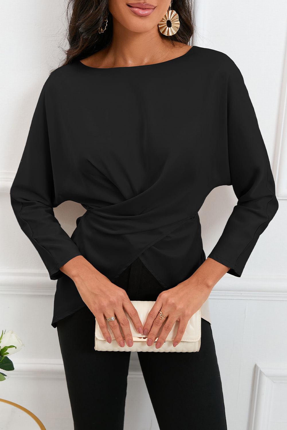 Boat Neck Back Tie Long Sleeve Satin Blouse BLUE ZONE PLANET